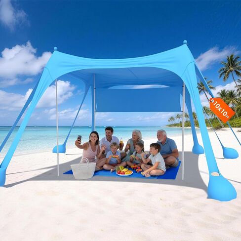 HOPERAN Beach Tent Sun Shelter, UPF50+ UV Protection, 10x10FT Pop Up Shade Beach Canopy Windproof for Outdoor Camping, Fishing, Picnics with 8 Sandbags, 1 Beach Mat, 1 Sideshade, 4 Stability Poles in Kuwait
