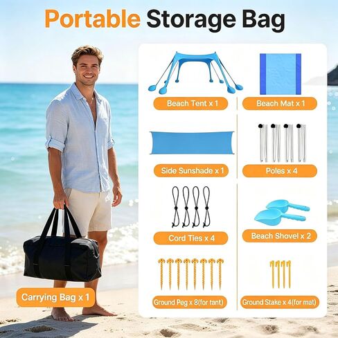 HOPERAN Beach Tent Sun Shelter, UPF50+ UV Protection, 10x10FT Pop Up Shade Beach Canopy Windproof for Outdoor Camping, Fishing, Picnics with 8 Sandbags, 1 Beach Mat, 1 Sideshade, 4 Stability Poles in Kuwait