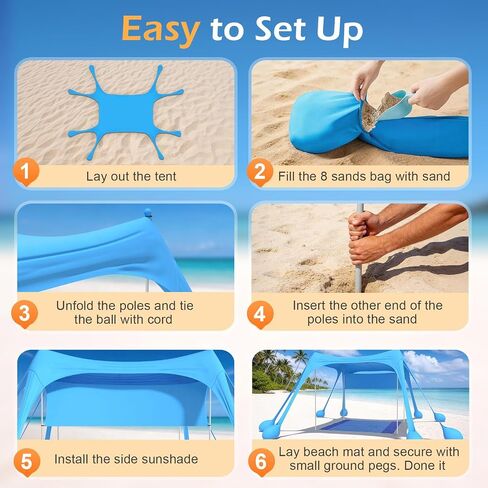 HOPERAN Beach Tent Sun Shelter, UPF50+ UV Protection, 10x10FT Pop Up Shade Beach Canopy Windproof for Outdoor Camping, Fishing, Picnics with 8 Sandbags, 1 Beach Mat, 1 Sideshade, 4 Stability Poles in Kuwait