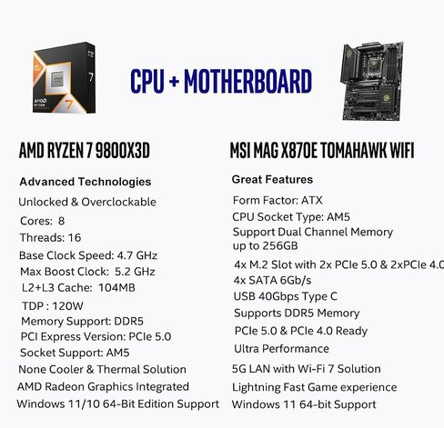 Micro Center 3-in-1 Bundle: AMD Ryzen 7 9800X3D CPU Processor with MSI MAG X870E Tomahawk WiFi ATX Motherboard and KLEVV Bolt V DDR5 32GB (2x16GB) 6000MHz CL30 Ram Memory in Kuwait