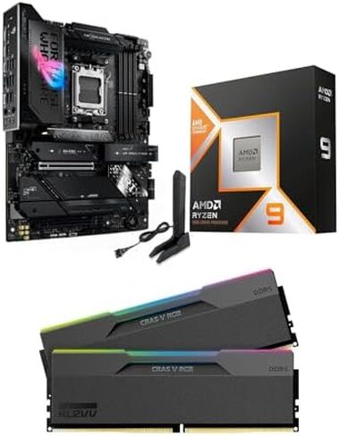 Micro Center CPU Motherboard Memory Combo: AMD Ryzen 9 9950X3D CPU Processor with ASUS ROG Strix X870E-E R2 Gaming WiFi Motherboard and KLEVV CRAS V RGB DDR5 32GB (2x16GB) 6000MHz Ram Memory Black in Kuwait