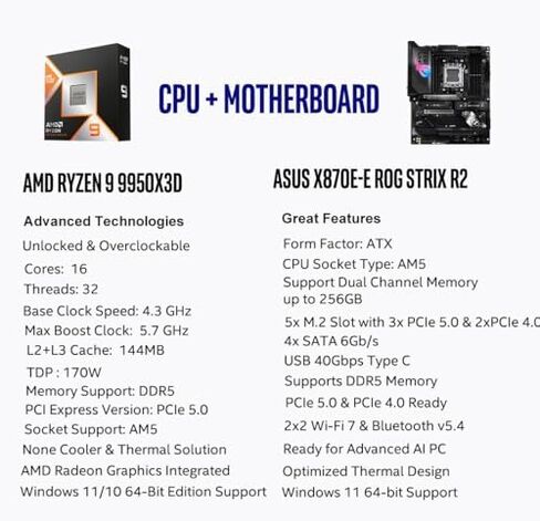 Micro Center CPU Motherboard Memory Combo: AMD Ryzen 9 9950X3D CPU Processor with ASUS ROG Strix X870E-E R2 Gaming WiFi Motherboard and KLEVV CRAS V RGB DDR5 32GB (2x16GB) 6000MHz Ram Memory Black in Kuwait