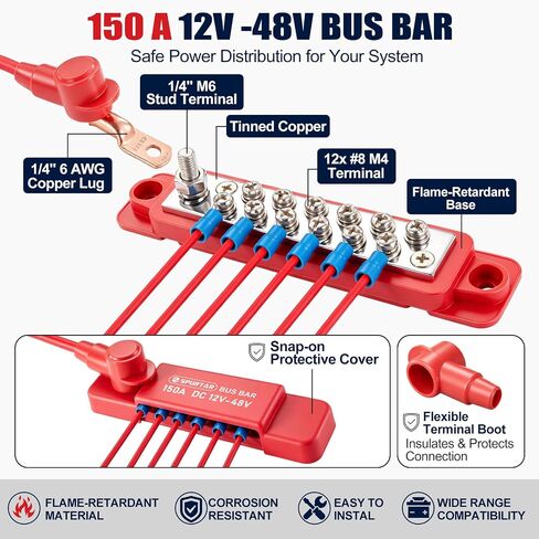 Spurtar Bus Bar 12v Power Distribution Block 150A 1/4" M6 Stud Terminal 12x M4 Screws Battery Ground Distribution Block for Car Automotive Marine Boat RV Solar Power System Wiring Accessories in Saudi Arabia