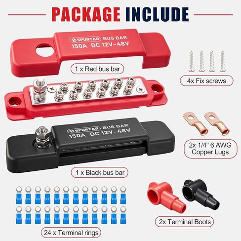 Spurtar Bus Bar 12v Power Distribution Block 150A 1/4" M6 Stud Terminal 12x M4 Screws Battery Ground Distribution Block for Car Automotive Marine Boat RV Solar Power System Wiring Accessories in Saudi Arabia