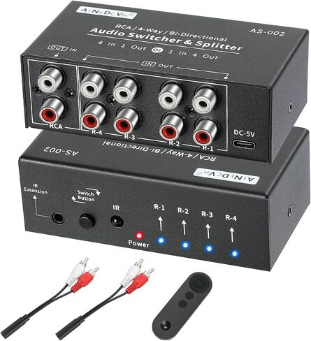 RCA 4-Way Bi-Directional Audio Switcher Splitter, 1 in 4 Out / 4 in 1 Out Stereo L/R Sound Channel Audio Switch Selector Splitter Box with Remote Control for Speakers Headphones Amps (Black) in Saudi Arabia