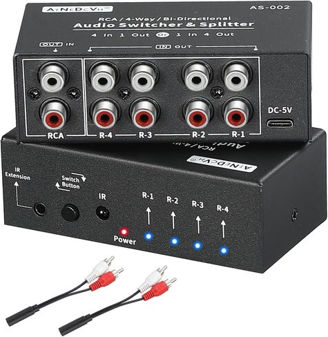 RCA 4-Way Bi-Directional Audio Switcher Splitter, 1 in 4 Out / 4 in 1 Out Stereo L/R Sound Channel Audio Switch Selector Splitter Box with Remote Control for Speakers Headphones Amps (Black) in Saudi Arabia