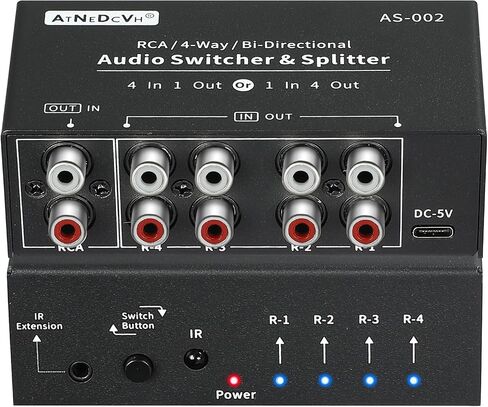 RCA 4-Way Bi-Directional Audio Switcher Splitter, 1 in 4 Out / 4 in 1 Out Stereo L/R Sound Channel Audio Switch Selector Splitter Box with Remote Control for Speakers Headphones Amps (Black) in Saudi Arabia