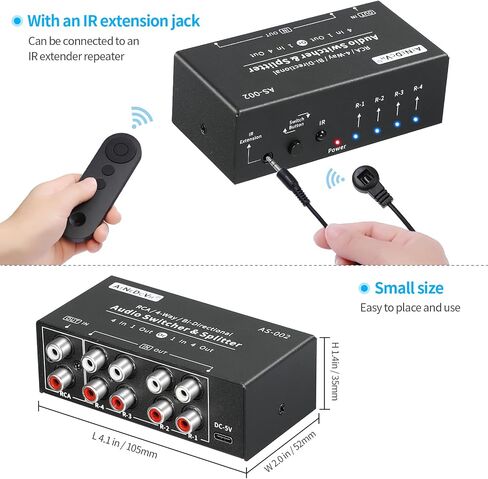 RCA 4-Way Bi-Directional Audio Switcher Splitter, 1 in 4 Out / 4 in 1 Out Stereo L/R Sound Channel Audio Switch Selector Splitter Box with Remote Control for Speakers Headphones Amps (Black) in Saudi Arabia