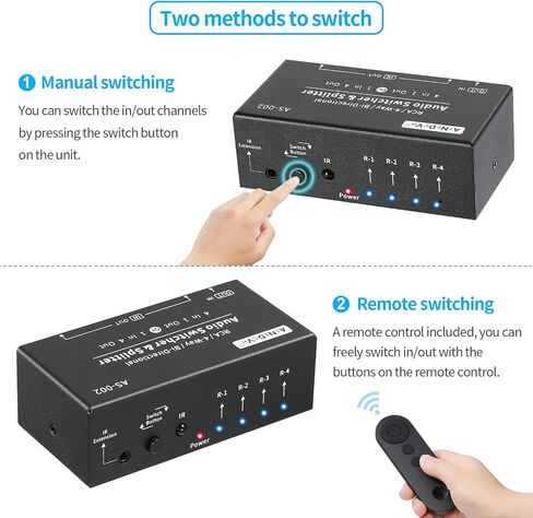 RCA 4-Way Bi-Directional Audio Switcher Splitter, 1 in 4 Out / 4 in 1 Out Stereo L/R Sound Channel Audio Switch Selector Splitter Box with Remote Control for Speakers Headphones Amps (Black) in Saudi Arabia
