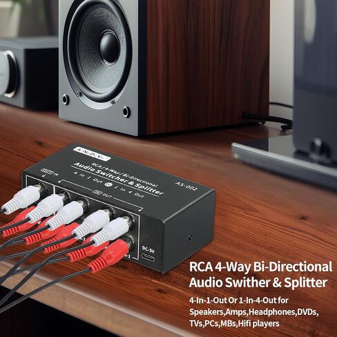 RCA 4-Way Bi-Directional Audio Switcher Splitter, 1 in 4 Out / 4 in 1 Out Stereo L/R Sound Channel Audio Switch Selector Splitter Box with Remote Control for Speakers Headphones Amps (Black) in Saudi Arabia