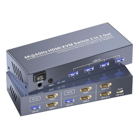 4K60Hz USB3.0 Dual Monitor HDMI KVM Switch 2 Minitors 2 Computers, 2 Port HDMI KVM Switch for Managing 2 PCs with 1 Set of Keyboard and Mouse, 4 USB 3.0 Ports Sharing in Kuwait