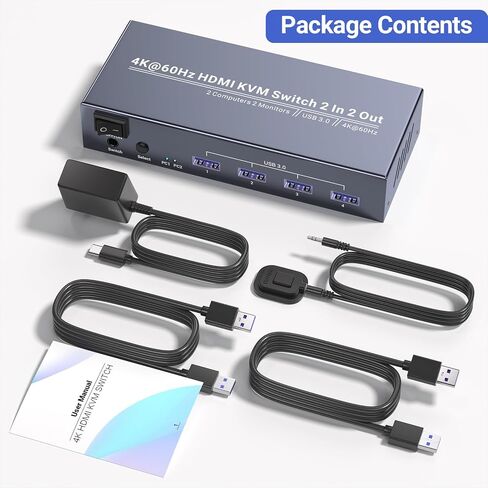 4K60Hz USB3.0 Dual Monitor HDMI KVM Switch 2 Minitors 2 Computers, 2 Port HDMI KVM Switch for Managing 2 PCs with 1 Set of Keyboard and Mouse, 4 USB 3.0 Ports Sharing in Kuwait