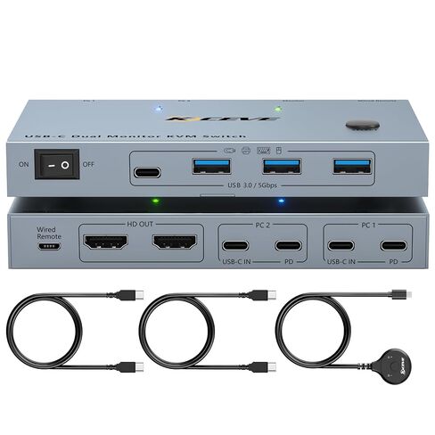 USB C KVM Switch 2 Monitors 2 Laptops, 4K@60Hz USB C Dual Monitor KVM Switch for 2 laptops to Share 2 Monitor and 4 USB3.0 Devices, 80W PD Charging, Wired Remote and Cables Included in Kuwait