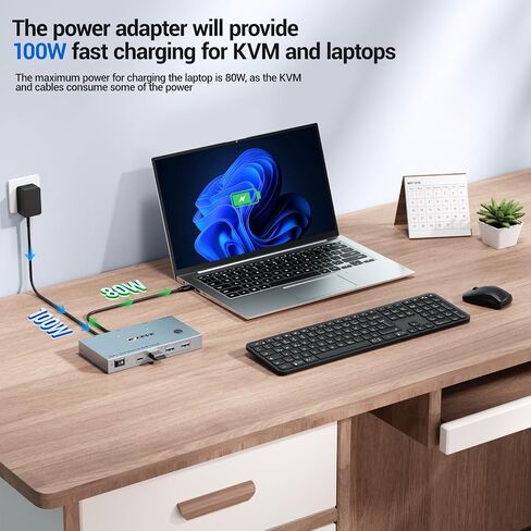 USB C KVM Switch 2 Monitors 2 Laptops, 4K@60Hz USB C Dual Monitor KVM Switch for 2 laptops to Share 2 Monitor and 4 USB3.0 Devices, 80W PD Charging, Wired Remote and Cables Included in Kuwait