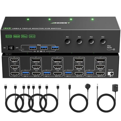 KVM Switch 3 Monitors 4 Computers 4K@60Hz,EDID Simulation,USB 3.0 HDMI Displayport KVM Switch Triple Monitor for 4 PC Share 3 Monitors and Keyboard Mouse Printer,with Wired Remote and 4 USB Cables in Kuwait