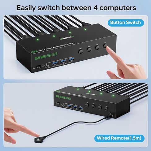 KVM Switch 3 Monitors 4 Computers 4K@60Hz,EDID Simulation,USB 3.0 HDMI Displayport KVM Switch Triple Monitor for 4 PC Share 3 Monitors and Keyboard Mouse Printer,with Wired Remote and 4 USB Cables in Kuwait
