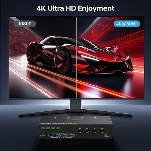 KVM Switch 3 Monitors 4 Computers 4K@60Hz,EDID Simulation,USB 3.0 HDMI Displayport KVM Switch Triple Monitor for 4 PC Share 3 Monitors and Keyboard Mouse Printer,with Wired Remote and 4 USB Cables in Kuwait