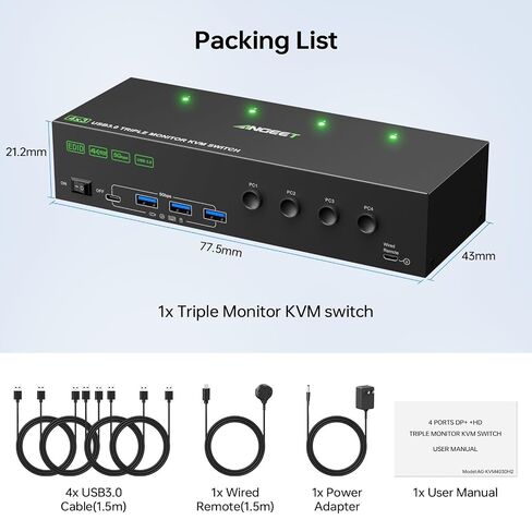 KVM Switch 3 Monitors 4 Computers 4K@60Hz,EDID Simulation,USB 3.0 HDMI Displayport KVM Switch Triple Monitor for 4 PC Share 3 Monitors and Keyboard Mouse Printer,with Wired Remote and 4 USB Cables in Kuwait