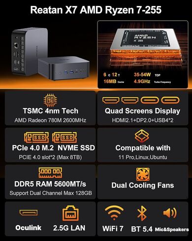 Reatan Oculink Gaming Mini PC, Ryzen 7 255(up to 4.9GHz) Barebone Mini PC in Kuwait