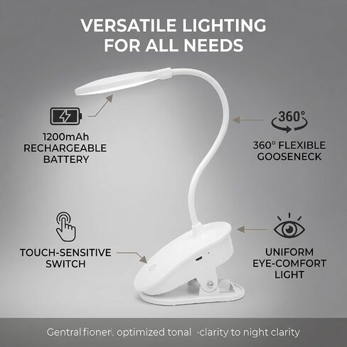 ASHATA Clip On Reading Lamp, USB Rechargeable, 360° Flexible Gooseneck in Kuwait