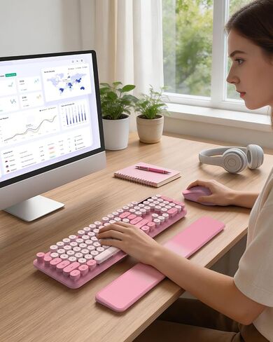 Typewriter Wireless Keyboard Mouse Combo, Magnetic Wrist Rest, Round Keycap in Kuwait