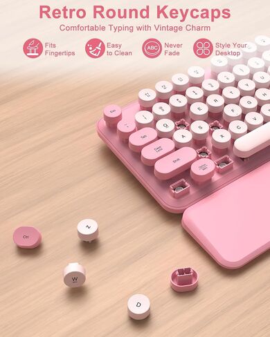 Typewriter Wireless Keyboard Mouse Combo, Magnetic Wrist Rest, Round Keycap in Kuwait