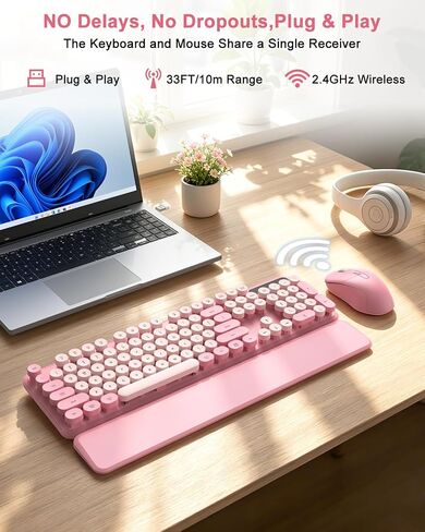 Typewriter Wireless Keyboard Mouse Combo, Magnetic Wrist Rest, Round Keycap in Kuwait