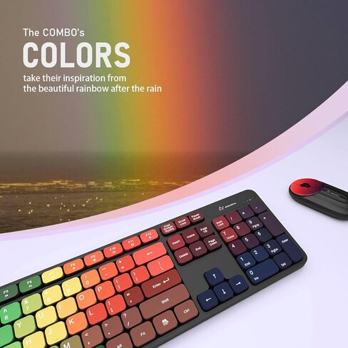 Colorful Computer Wireless Keyboard Mouse Combos, Rechargeable 2.4GHz Cordless Full-Sized Keyboard and Mouse, Compatible with PC/Laptop/Desktop for School & Home Office(Black-Colorful) in Kuwait