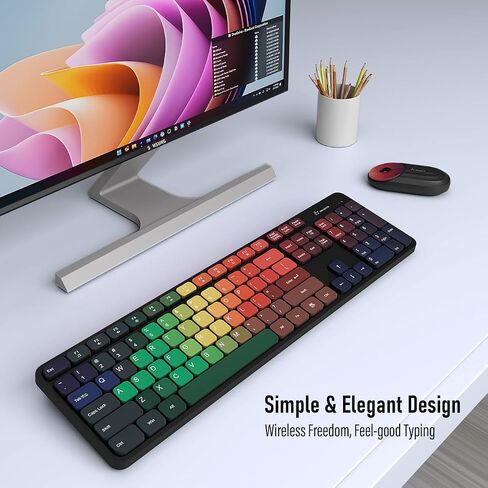 Colorful Computer Wireless Keyboard Mouse Combos, Rechargeable 2.4GHz Cordless Full-Sized Keyboard and Mouse, Compatible with PC/Laptop/Desktop for School & Home Office(Black-Colorful) in Kuwait