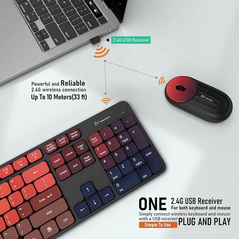 Colorful Computer Wireless Keyboard Mouse Combos, Rechargeable 2.4GHz Cordless Full-Sized Keyboard and Mouse, Compatible with PC/Laptop/Desktop for School & Home Office(Black-Colorful) in Kuwait