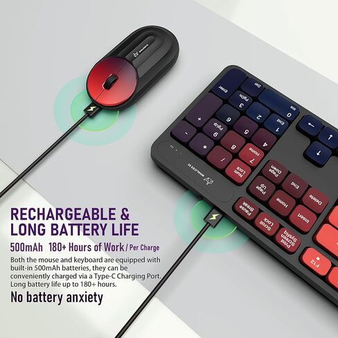 Colorful Computer Wireless Keyboard Mouse Combos, Rechargeable 2.4GHz Cordless Full-Sized Keyboard and Mouse, Compatible with PC/Laptop/Desktop for School & Home Office(Black-Colorful) in Kuwait