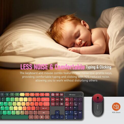 Colorful Computer Wireless Keyboard Mouse Combos, Rechargeable 2.4GHz Cordless Full-Sized Keyboard and Mouse, Compatible with PC/Laptop/Desktop for School & Home Office(Black-Colorful) in Kuwait