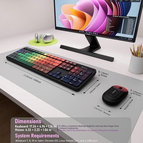 Colorful Computer Wireless Keyboard Mouse Combos, Rechargeable 2.4GHz Cordless Full-Sized Keyboard and Mouse, Compatible with PC/Laptop/Desktop for School & Home Office(Black-Colorful) in Kuwait