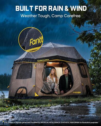 FanttikOutdoor Alpha C6 Pro Camping Tent 6 Person Pop Up Instant Cabin Setup in 60 Seconds Portable Hub Tent with Rainfly & Windproof for Outdoor Camping & Overlanding, Khaki in Kuwait