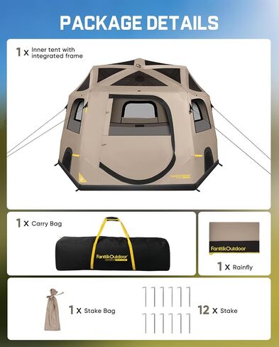 FanttikOutdoor Alpha C6 Pro Camping Tent 6 Person Pop Up Instant Cabin Setup in 60 Seconds Portable Hub Tent with Rainfly & Windproof for Outdoor Camping & Overlanding, Khaki in Kuwait
