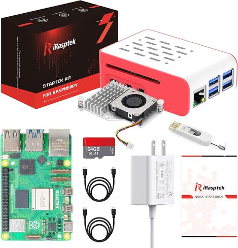 iRasptek Starter Kit for Raspberry Pi 5 16GB RAM 64GB with Bookworm OS Pre-Installed(Red&White Case) in Kuwait