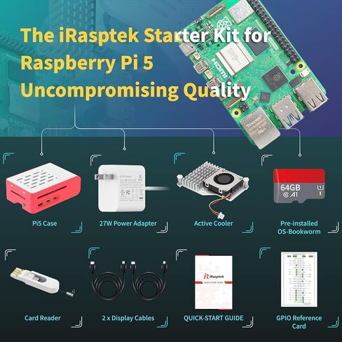iRasptek Starter Kit for Raspberry Pi 5 16GB RAM 64GB with Bookworm OS Pre-Installed(Red&White Case) in Kuwait