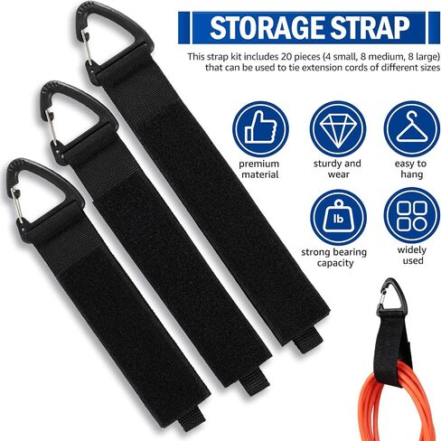 20-Pack Heavy Duty Storage Straps (4S/8M/8L), Extension Cord Organizer & Cable Hanger with Triangle Buckle, 50 lbs Capacity Hook and Loop Wrap for Hose, Rope, RV and Garage Organization, Black in Kuwait