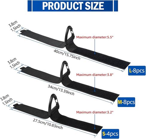 20-Pack Heavy Duty Storage Straps (4S/8M/8L), Extension Cord Organizer & Cable Hanger with Triangle Buckle, 50 lbs Capacity Hook and Loop Wrap for Hose, Rope, RV and Garage Organization, Black in Kuwait