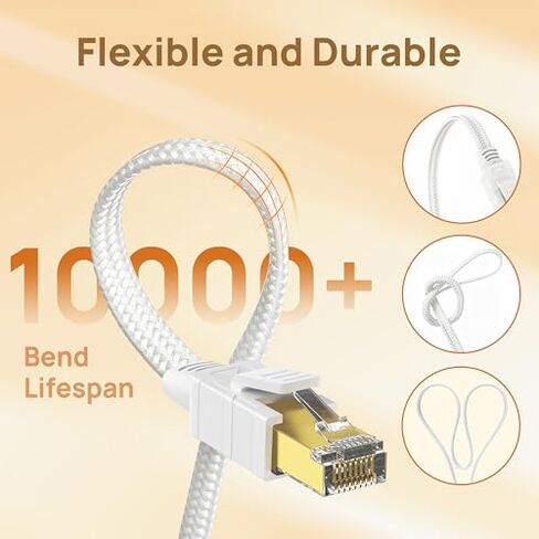 Orbram Cat 8 Ethernet Cable 15FT Nylon Braided Bundle with Cat 8 Ethernet Cable 15FT White in Kuwait