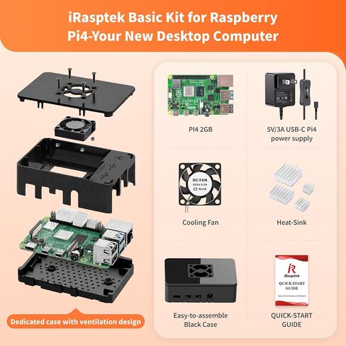 iRasptek Basic Kit for Raspberry Pi 4B 2GB RAM Included PI4 Case,5V 3A Power Supply,Cooling Fan and Heat-Sink in Kuwait
