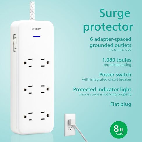 Philips Surge Protector Power Strip, 8 Ft Long Braided Extension Cord in Saudi Arabia
