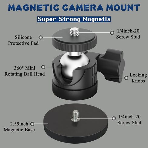 ULIBERMAGNET Black Magnetic Camera Mount, Strong Magnetic Mount with 360° Rotation Ball Head, Security Camera Base Holder with 1/4 inch Thread for GoPro,DJI OSMO Action,Action Camera in Kuwait
