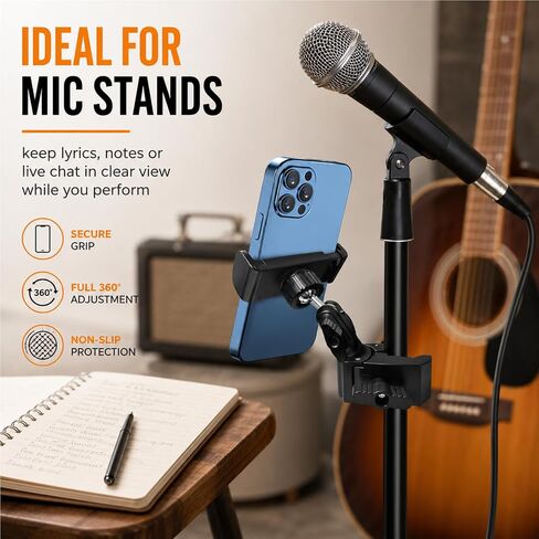 Mic Stand Phone Holder,Phone Holder for Mic Stand,Pole Clamp,Phone Clamp Mount,Djustable Clamp On for Microphone Stand for iPhone Samsung All Smartphones (Standard) in Saudi Arabia