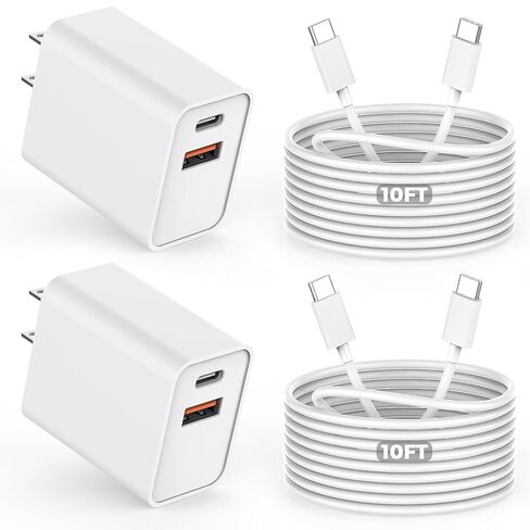 10FT iPhone 17/16e Fast Charger,2Pack 20W Dual Port USB C+A Power Adapter 10Foot Long USB C to C Fast Charging Cable Cord Quick Charging for iPhone 17 Air/17 Pro/17 Pro Max/16/16 Pro/15/15 Pro/Pro Max in Kuwait