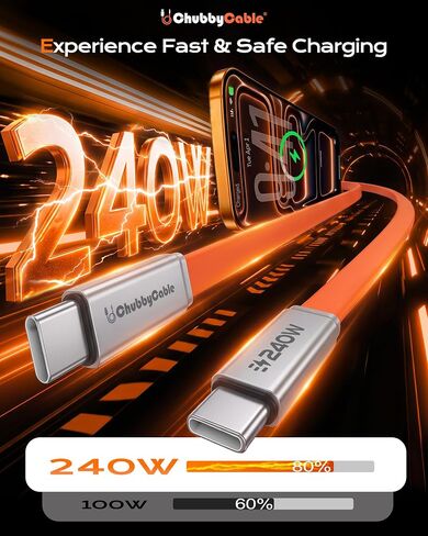 chubbycable Flat Silicone 240W USB C to USB C Cable, 6FT/2-Pack, Orange in Saudi Arabia