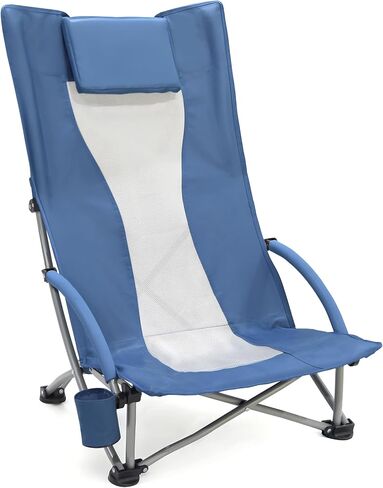 OUTSIDER Low Beach Chair, High Back Folding Camping Chair for Adults, Folding Beach Chair with Breathable Center Mesh Back, 300lbs Heavy Duty Portable Chair with Cup Holder for Beach, Outdoor(Blue 2) in Kuwait