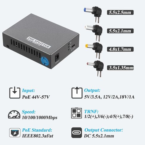 24W Gigabit PoE Splitter to DC 5V/12V/18V Power Output, IEEE802.3af/at Compliant, 10/100/1000Mbps Speed, for Non-PoE Device up to 100m, Plug and Play (PD6004G-B) in Kuwait
