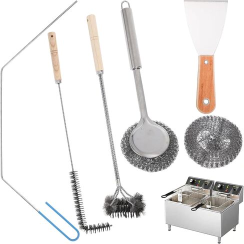6 Pcs Large Commercial Fryer Cleaning Tools, Include L-Shaped Cleaning Brush Stainless Steel Bristle Fryer Cleanout Rod, Deep Fryer Basket Cleaning Brush Wire Brush and Scraper Kit for Kitchen Bakery in Kuwait