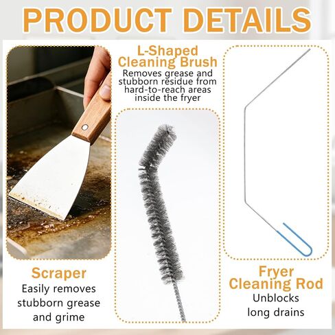 6 Pcs Large Commercial Fryer Cleaning Tools, Include L-Shaped Cleaning Brush Stainless Steel Bristle Fryer Cleanout Rod, Deep Fryer Basket Cleaning Brush Wire Brush and Scraper Kit for Kitchen Bakery in Kuwait